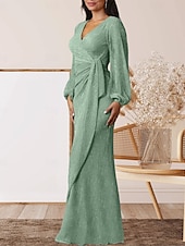 cheap Floor Length-A-Line Mother of the Bride Dress Wedding Guest Elegant Sweet V Neck Floor Length Chiffon Long Sleeve with Ruffles Ruching