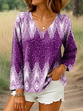 billige Kvinne Boho Topper-Dame Bluse Grafisk Geometrisk Årgang Tropisk Stilfull Langermet V-hals Vanlige topper Daglig Blå Lilla Grønn Grå Sommer Vår