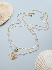 cheap Women&#039;s Necklace-Women&#039;s Summer Beach Necklace with Pearl, Shell and Starfish Charms – Gold-Plated Layered Necklace for Vacation, Casual Outfits and Special Occasions