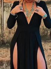 preiswerte Einfaches Kleid-Damen Maxikleid A Linie Kleid Lässig Outdoor Ausgehen Normale Passform Einfarbig Langarm V Ausschnitt Schwarz Sommer