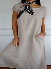 economico disegnare abiti in cotone e lino-Per donna Abito Midi Vestito Casual Abito in cotone e lino Moda Classico All&#039;aperto Ferie Uscire Vestibilità regolare Semplice Manica Corta Girocollo Nero Bianco Cachi Estate