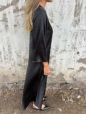 abordables concevoir des robes en coton et lin-Femmes Robe Longue Maxi Robe Robes en polycoton et lin texturé Robe Décontractée Robe d&#039;été Classique Moderne Quotidien Week-end Coupe régulière Uni Manche 3/4 Col en V Noir Marron clair Grise Été