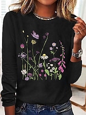 billige Blomster t-skjorte-Dame T skjorte Blomstret Grafisk Planter Elegant Årgang Stilfull Langermet Crew-hals Rund hals Vanlige topper Daglig Trykt mønster Svart Hvit Vår Høst