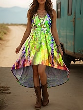 tanie Sukienki boho-Damskie Sukienka midi Sukienka A line Letnie sukienki Urlop Codzienny Boho Wyjściowe Plaża Regularny Kwiaty Graficzny Bez rękawów W serek Niebieski Fioletowy Pomarańczowy Zielony Lato Wiosna