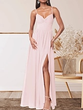 abordables Robes de demoiselle d&#039;honneur-Robe de demoiselle d&#039;honneur trapèze, col en V, sans manches, élégante, longueur au sol, en mousseline extensible avec plis / devant fendu / froncé 2025