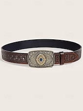 abordables Ceintures pour hommes-Ceinture western en similicuir pour homme avec boucle gravée vintage et pierre précieuse bleue, style cowboy pour rodéo, événements en plein air et tenue décontractée