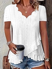 billige Plain t-skjorte-Dame Bluse Helfarge Stilfull Fritid Kortermet V-hals Vanlige topper Daglig Drapering Snørehull Hvit Gul Rosa Blå Grønn Sommer