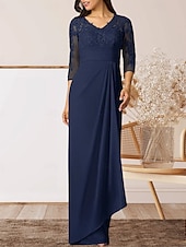 preiswerte Bodenlänge-Säule  Kolonne Mutter der Braut Kleid Hochzeitsgast Elegantes Hoher Schlitz V-Ausschnitt Bodenlanges Chiffon 3/4 Länge Ärmel mit Rüschenapplikationen Raffung