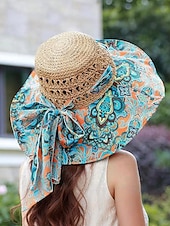 cheap Women&#039;s Hats-Women&#039;s Wide Brim Straw Sun Hat with Colorful Ethnic Print Bow – Boho Style Foldable Beach Hat for Summer Travel and Vacation