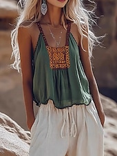 abordables Tops bohèmes-Femmes Chemise Bohème Chemisier Fleur Moderne Occasionnel Boho Sans manches Col en V Hauts Réguliers Fête Sortir Imprimé Vert Été