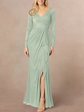 abordables Longueur du plancher-Sirène / Trompette Robe de Mère de Mariée  robe demoiselle d honneur Élégant Col en V Longueur au sol Chiffon manche longue avec Volants Devant Fendu Fronces 2025