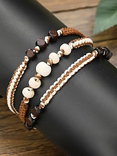 abordables Joyas para hombres-Juego de pulseras de cuentas hechas a mano para hombre: madera natural y cordón trenzado, joyería ajustable de estilo bohemio para playa, festivales y ropa informal.