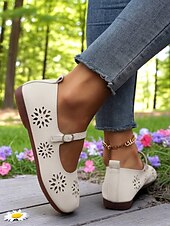 cheap Women&#039;s Flats-Women&#039;s Comfort Mary Jane Wide-Toe Flats with Floral Cutouts – Soft Sole Casual Barefoot Shoes for Ladies – Great for Brunch, Farmers Markets and Outdoor Leisure