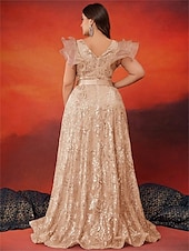 economico Champagne-Abiti A-Line Taglia Plus Elegante Abito Curve Formale per Matrimonio Lunghezza Della Terra Senza Maniche Collo A V In Paillettes 2025
