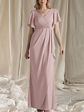 abordables Longueur du plancher-Ligne A Robe de Mère de Mariée  robe demoiselle d honneur Élégant Doux Col en V Longueur au sol Chiffon Manche Courte avec Fronces Drapé latéral 2025