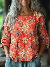 billige Kvinne Boho Topper-Kvinners Bluse Langermet Blomstermotiv Geometrisk Daglig Casual 3/4 Lengde Ermer Crew Neck Vanlige Topper Daglig Ferie Ferieklær Trykk Gul Rosa Blå Oransje Sommer Vår