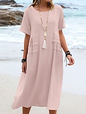preiswerte Kleider aus Baumwolle und Leinen entwerfen-Damen Midikleid Baumwoll-Leinen-Kleider Freizeitkleid Sommerkleid Klassisch Modern Täglich Wochenende Normale Passform Einfach Kurzarm Rundhalsausschnitt Schwarz Gelb Rosa Königsblau Sommer