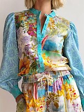 abordables Ensembles-Femmes Mode Streetwear Chemises en coton et lin Ensembles en coton et lin Ensembles de Shorts manche longue Col de chemise Usine Imprimé Tenue quotidienne Date Bleu Été Coupe régulière