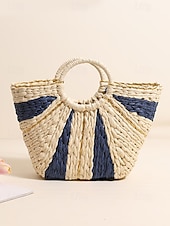 abordables Cabas et fourre-tout-Sac de plage élégant en paille tressée pour femme avec poignées circulaires, grande capacité, design bohème écologique, parfait pour l&#039;été, les vacances et les excursions d&#039;une journée