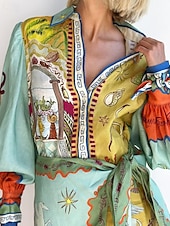 abordables concevoir des robes en coton et lin-Femmes Mini Robe Robes en coton et lin Robe Décontractée Mode Extérieur Soirée Fête Coupe régulière Animal manche longue Col de chemise Vert Été