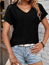 abordables T-shirt uni-Femmes T-shirt Uni Mode Moderne Occasionnel Manche Courte Col en V Hauts Réguliers Quotidien Week-end Œillet Noir Blanche Jaune Rose Claire Été
