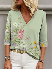ieftine Topuri florale-Pentru femei Bluză Floral Grafic Elegant Stilat Casual Lungime Manșon 3/4 În V Topuri obișnuite Zilnic Concediu Ieșire Imprimeu Trifoi Vară Primăvară
