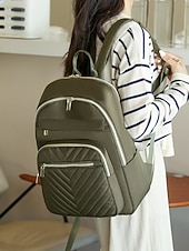 preiswerte Mode Rucksäcke-wasserabweisender Damen-Reiserucksack aus Nylon mit gesteppter Fronttasche, goldenen Reißverschlüssen und Gepäckgurt für Business-, Schul- und Wochenendausflüge