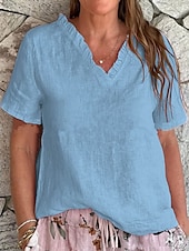 preiswerte Hemden-Damen Bluse aus Baumwolle und Leinen, einfarbig, elegant, lässig, kurzärmlig, V-Ausschnitt, normale Oberteile, Alltag, Urlaub, Rüschen, schwarz, weiß, gelb, rosa, blau, Sommer, Frühling