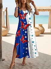tanie Sukienka na Dzień Niepodległości-Kobiece Patrioticzne Sukienka Maxi T-Shirt Sukienka Tee Sukienka Letnia Casual Motylkowe Rękawy Plaża Regularny Krój Graficzne Gwiazdy i Paski Krótki Rękaw Okrągły Dekolt Czerwony Niebieski