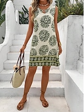 abordables Robes Boho-Femmes Mini Robe Robe d&#039;Été Vacances Boho Sortir Plage Coupe Standard Fleuri Graphique Paisley Sans manches Col Rond Noir Vert Été Printemps