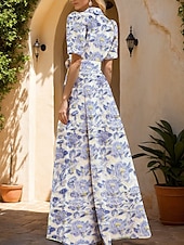 abordables FLORALES-Vestido de Gala A-Line Brocado Vestido de Invitada de Boda Estilo Celebridad Longitud de Suelo Manga Corta Cuello de Camisa Cinturón  Cinta Poliéster con Estampado Floral