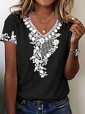 abordables T-shirt floral-Femmes T-shirt Fleuri Graphique Plantes ancien Élégant Classique Manche Courte Col en V Hauts Réguliers Quotidien Imprimé Noir Vin Vert Été Printemps