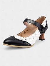 cheap Victorian &amp; Edwardian-Women's 1900s Edwardian Vintage Gatsby Mary Jane Shoes-Green and White Leather Cutout Heels with Scalloped Edge, Perfect for Historical Costumes, Retro Parties, and Daily Wear