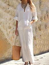 preiswerte Kleider-Damen Langes Kleid Maxikleid Baumwoll-Leinenkleid Klassisch Modern Urlaub Täglich Ferien Normale Passform Einfach Halbarm V Ausschnitt Schwarz Weiß Wein Dunkelgray Sommer