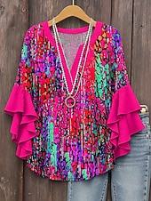 preiswerte Damen Kunst- und Design-Oberteile-Damen Bluse mit gestuften Rüschensäumen Grafik Geometrisch Abstrakt Täglich Stilvoll Lässig 3/4-Ärmel V-Ausschnitt Reguläre Oberteile Tägliches Urlaubsbekleidung Druck Pink Rot Blau Lila Sommer