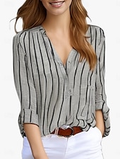 voordelige Dames Strepen &amp; Geometrische Tops-Dames Overhemd Gestreept Stijlvol Casual Lange mouw V-hals Normale tops Dagelijks Afdrukken Wit blauw Grijs Licht Blauw Zomer Lente