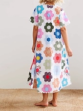 ieftine proiectează rochii din bumbac și in-Pentru femei Rochie Lunga Rochie Maxi Rochii de in bumbac Rochie casual Modă În aer liber Petrecere Concediu Fit regulat Floare Manșon scurt Stil Nautic Alb Vară