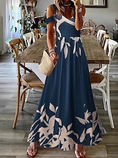 abordables Robes fleuries décontractées-Femmes Robe Longue Maxi Robe Robe Décontractée Robe évasée Mode Extérieur Soirée Fête Coupe régulière A Ombre Sans manches Col en V Bleu Bleu de minuit Été