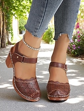 cheap Block Heel Pumps-Women's Cutout Faux Leather Block Heel Sandals with Adjustable Strap – Comfort Shoes for Daily Commute, Garden Party, Farmers Market &amp; Boho Summer Outings