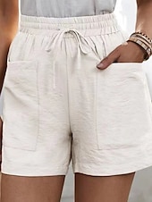 abordables Pantalon uni en coton et lin-Femmes Shorts Slacks Streetwear Occasionnel Court Naturel Uni Avec Poches Conception à cordon élastique Confortable Extérieur Sortir Abricot Jacinthe Noir Blanche Été Coupe régulière