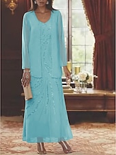 abordables Avec veste-Robe Mère de la Mariée Coupe Deux Pièces à la Plage Invité de Mariage Élégant Étincelle  Brillance Encolure en V Longueur Cheville Chiffon Sequins Manches Longues avec Sequins 2025 taille