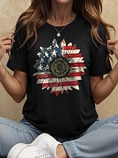billige Uavhengighetsdag Topp-Kvinners patriotiske T-skjorte bomull skjorte grafisk flagg solsikke casual kortermet rund hals vanlige topper daglig trykk svart hvit grå sommer vår