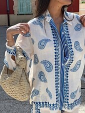 economico Set in cotone e lino-Per donna Moda Streetwear Camicie di cotone e lino Set di biancheria in cotone Set di Pantaloni Manica Lunga Colletto a Camicia Geometrico Stampato Abbigliamento quotidiano Data Beige Estate