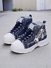 preiswerte Damen-Sneaker-Damen-Denim-High-Top-Plateau-Sneaker mit Leoparden-Detail – lässige Streetstyle-Schnürschuhe für Teenager und junge Erwachsene