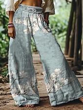 cheap Wide Leg &amp; High Waisted-Women&#039;s Wide Leg Chinos Baggy Pants Vacation Vintage Ethnic Style Full Length High Waist Floral Graphic Printing Thermal Warm Breathable Soft Micro-elastic Vacation Street Causal claret Deep Green