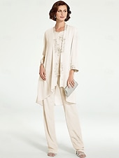 levne Máminy kalhotové kostýmy-Jumpsuit  kalhotový kostým 3 dílný matky nevěsty formální svatební host elegantní plus size bateau výstřih podlahová délka šifon krajka bez rukávů s volány volná velikost na míru