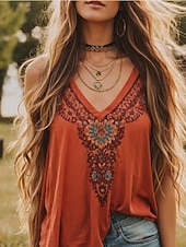 preiswerte Grafiktank-Damen Bluse Druck Blumen Grafik Paisley-Muster Bohemien Vintage Tropisch Ärmellos Träger Normale Oberteile Täglich Ferien Strandbekleidung Orange Sommer Frühling