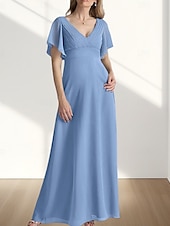 preiswerte Bodenlänge-A-Linie Brautmutterkleid Hochzeitsgast Elegant Süß V Ausschnitt Bodenlang Chiffon Kurzarm mit Raffung 2025