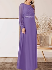 abordables Longueur du plancher-Robe A-Ligne pour Mère de la Mariée Invité de Mariage Élégante Col Arrondi Longueur Sol Chiffon Manches Longues avec Perles Ruché