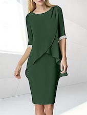preiswerte Teelänge-Strandhochzeit Etuikleid Mutter der Braut Kleid Hochzeitsgast Eleganter Juwelenausschnitt Teelänge Chiffon halblangärmelig mit Perlen-Raffung